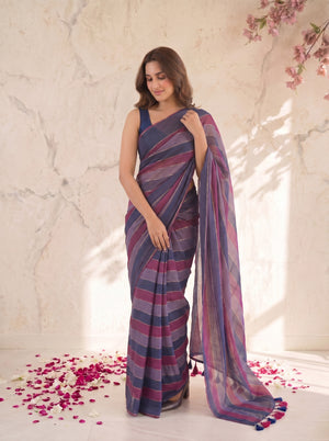 Gulnaar - Purple Striped Mul Cotton Zari Saree