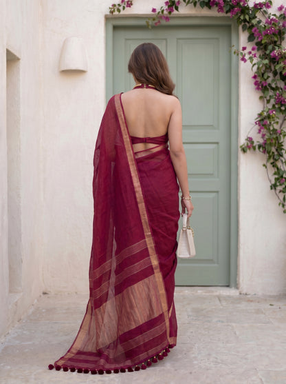Main Event - Burgundy Red Pure Handloom Linen Saree with Zari border