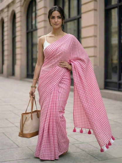 Blush Orchard - Soft Pink Gingham Mulmul Cotton Saree