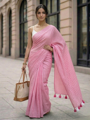 Blush Orchard - Soft Pink Gingham Mulmul Cotton Saree