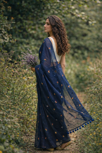 Gardenalia Royal Blue - Embroidered Mulmul Cotton Saree
