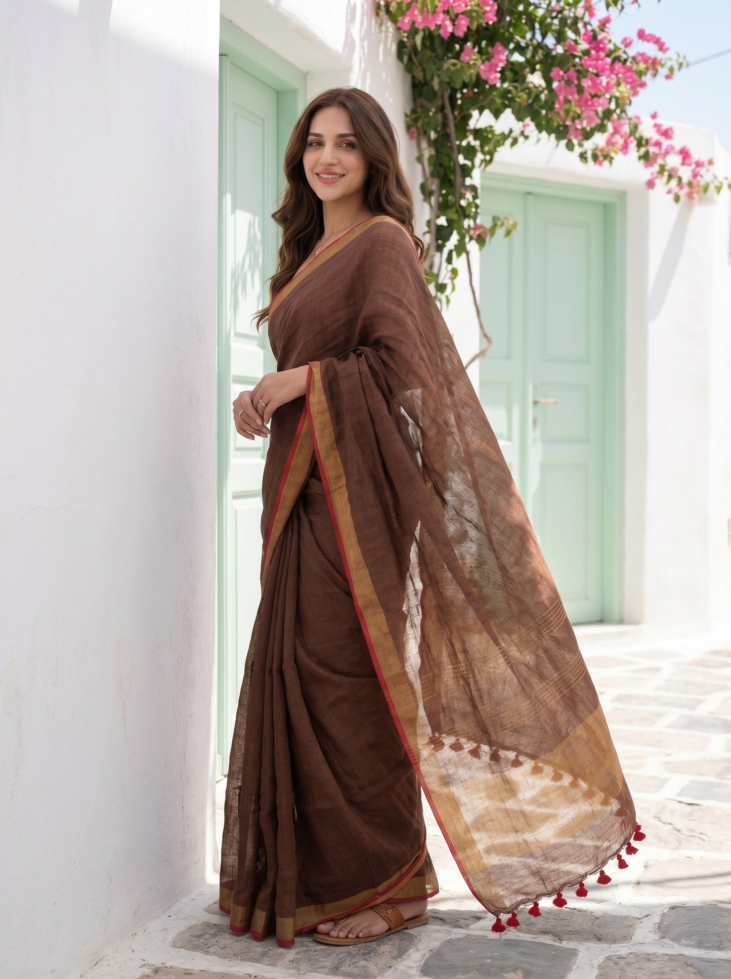 Double Espresso - Brown Pure Handloom Linen Saree with Zari Border