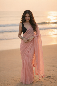 Coral Mist - Plain Salmon Pink Mul Cotton Saree