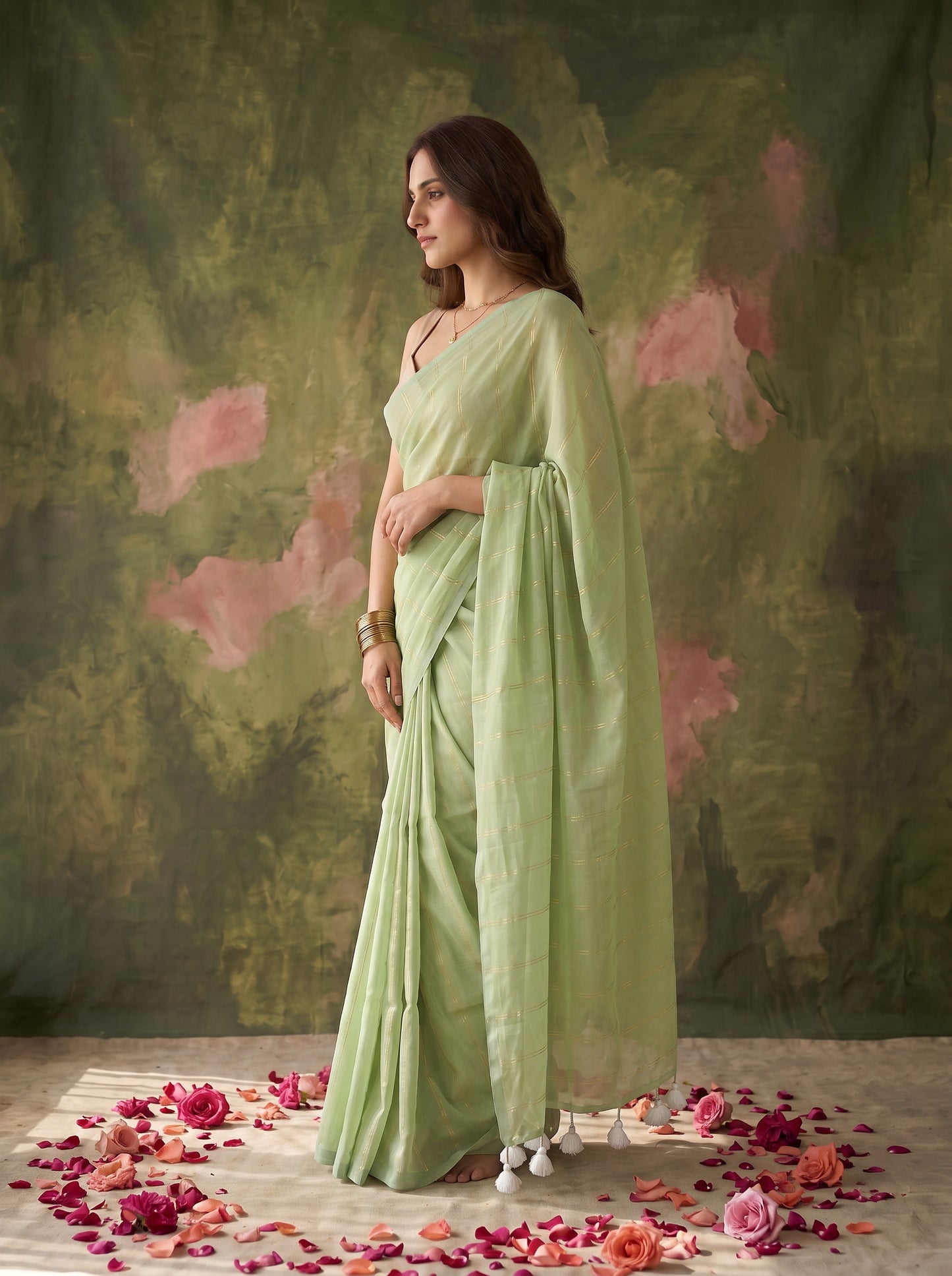 Raab - Green Striped Mul Cotton Zari Saree