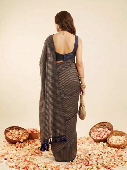 Raag - Blue Striped Mul Cotton Zari Saree