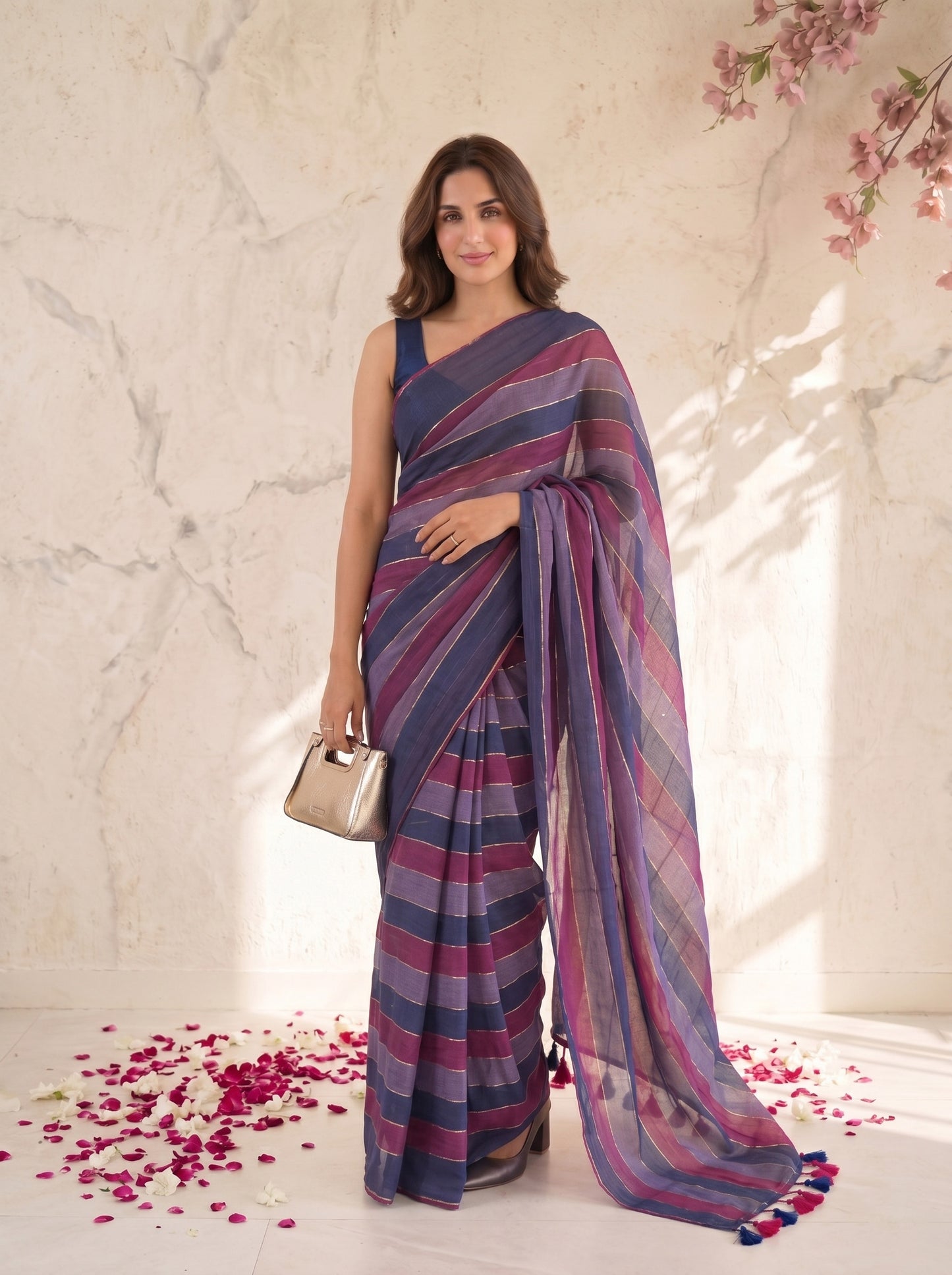 Gulnaar - Purple Striped Mul Cotton Zari Saree