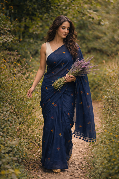 Gardenalia Royal Blue - Embroidered Mulmul Cotton Saree