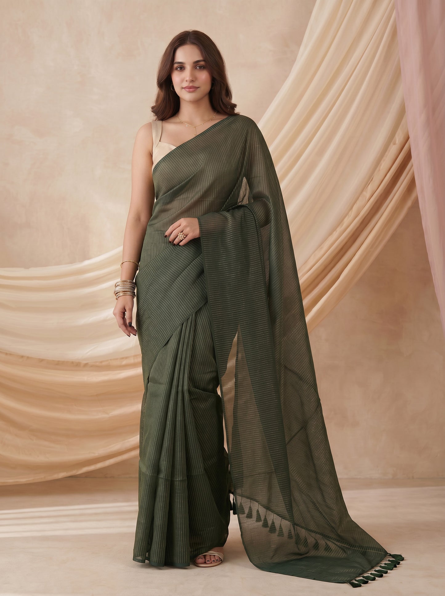 Emerald - Green Striped Mul Cotton Zari Saree