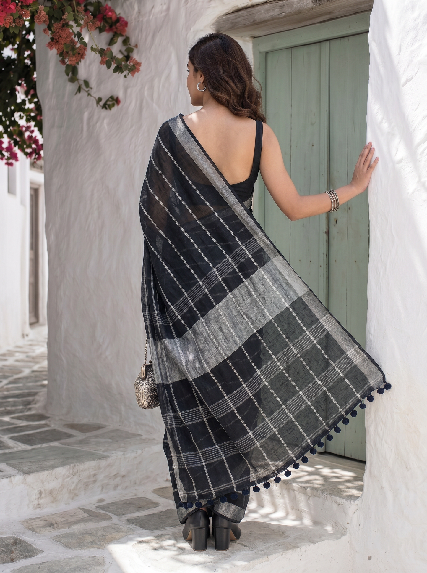 Line Item - Black Striped Pure Handloom Linen Saree with Zari Border