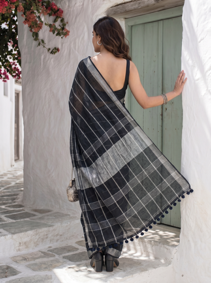 Line Item - Black Striped Pure Handloom Linen Saree with Zari Border