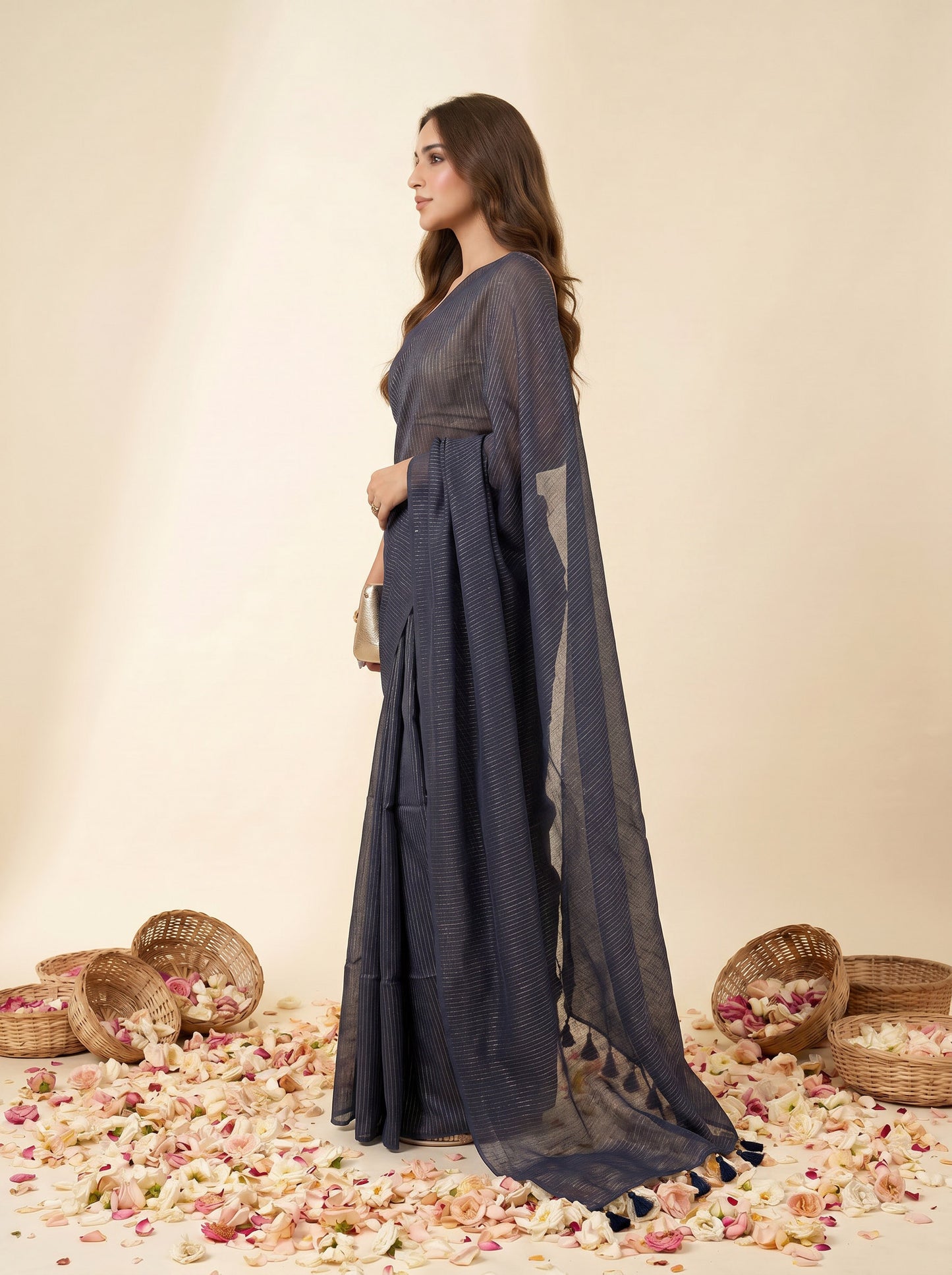 Magic At Midnight - Blue Striped Mul Cotton Zari Saree