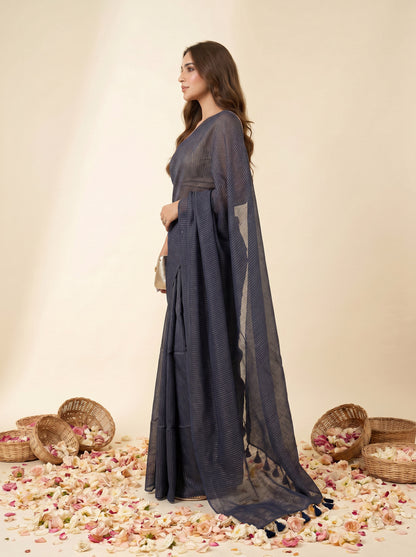 Magic At Midnight - Blue Striped Mul Cotton Zari Saree
