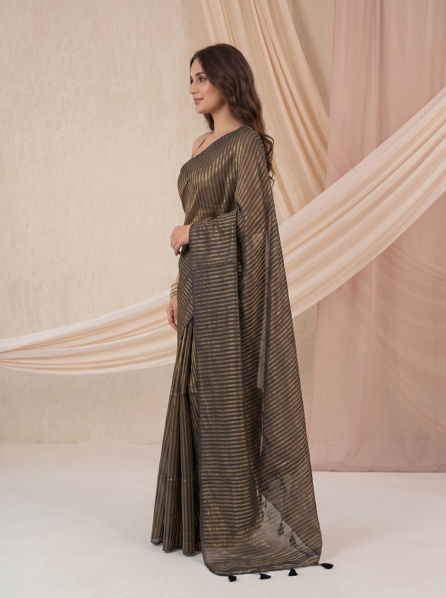 Saanjh - Black Striped Mul Cotton Zari Saree