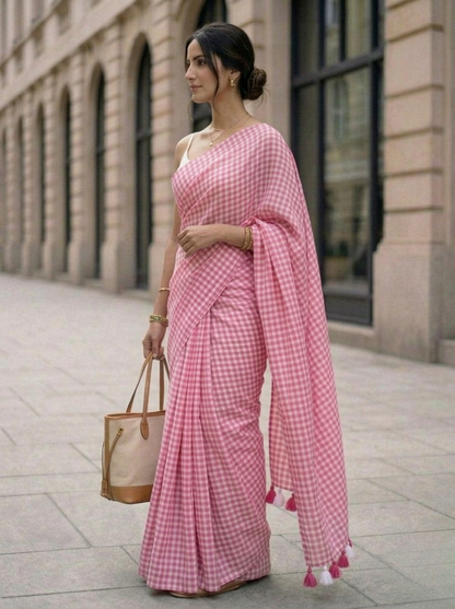 Blush Orchard - Soft Pink Gingham Mulmul Cotton Saree