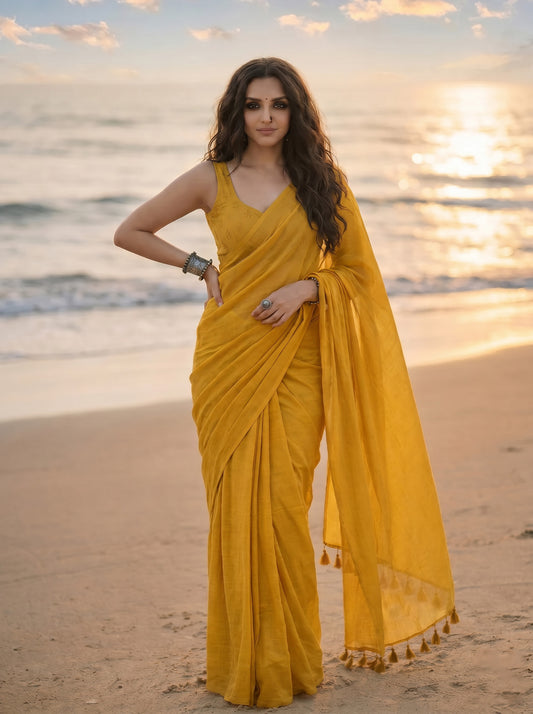 Amber - Plain Yellow Mul Modal Saree