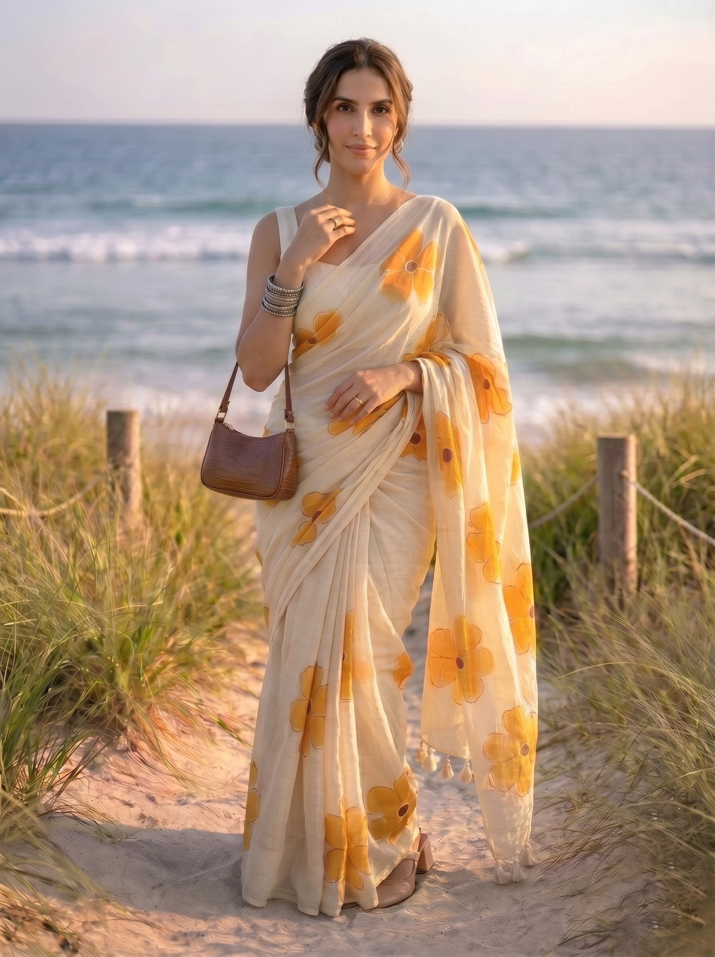 Apricot Bloom - Beige Handpainted Mul Cotton Saree