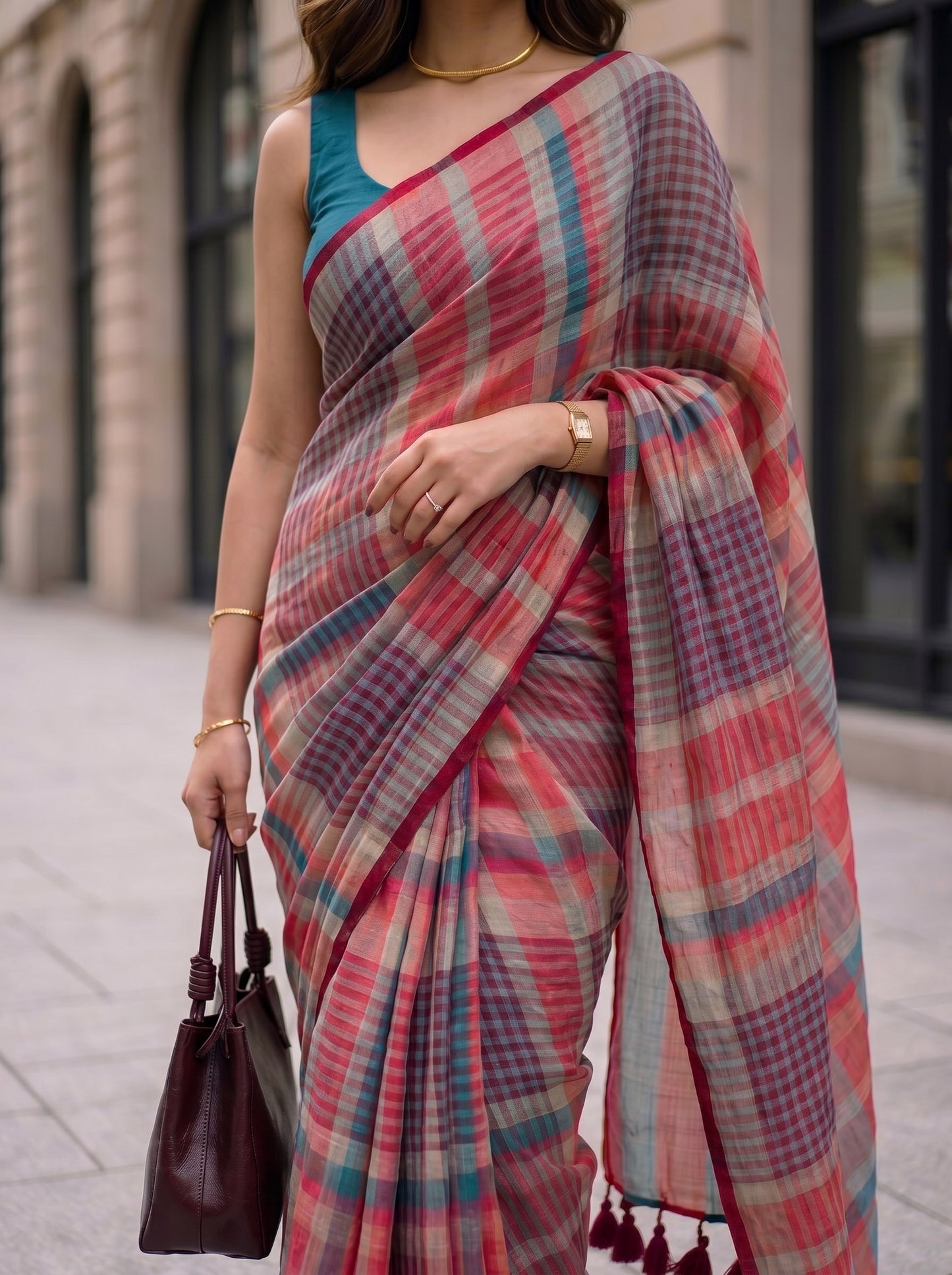 Corner Office - Multicolour Checked Pure Handloom Linen Saree
