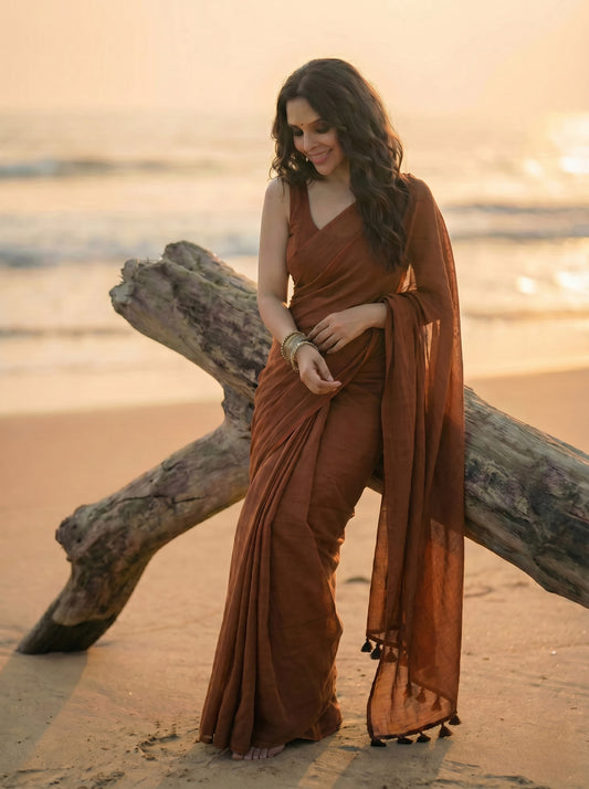 Cocoa - Plain Brown Modal Cotton Saree