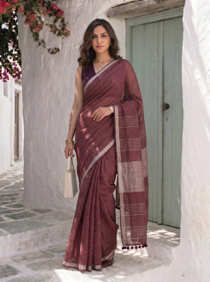 After Hours - Wine Red Pure Handloom Linen Saree with Zari border