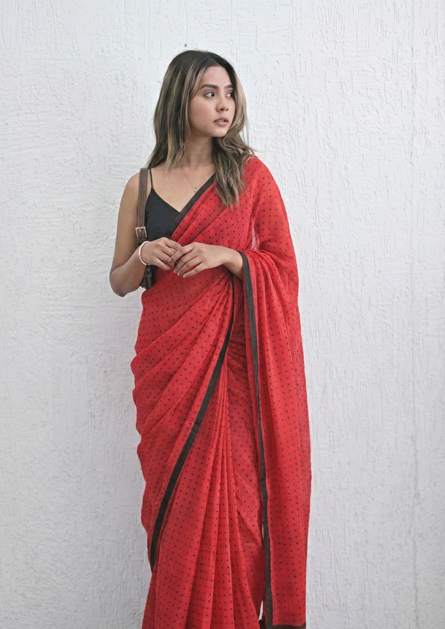Crimson Charm - Red Polka Dot Mulmul Cotton Saree