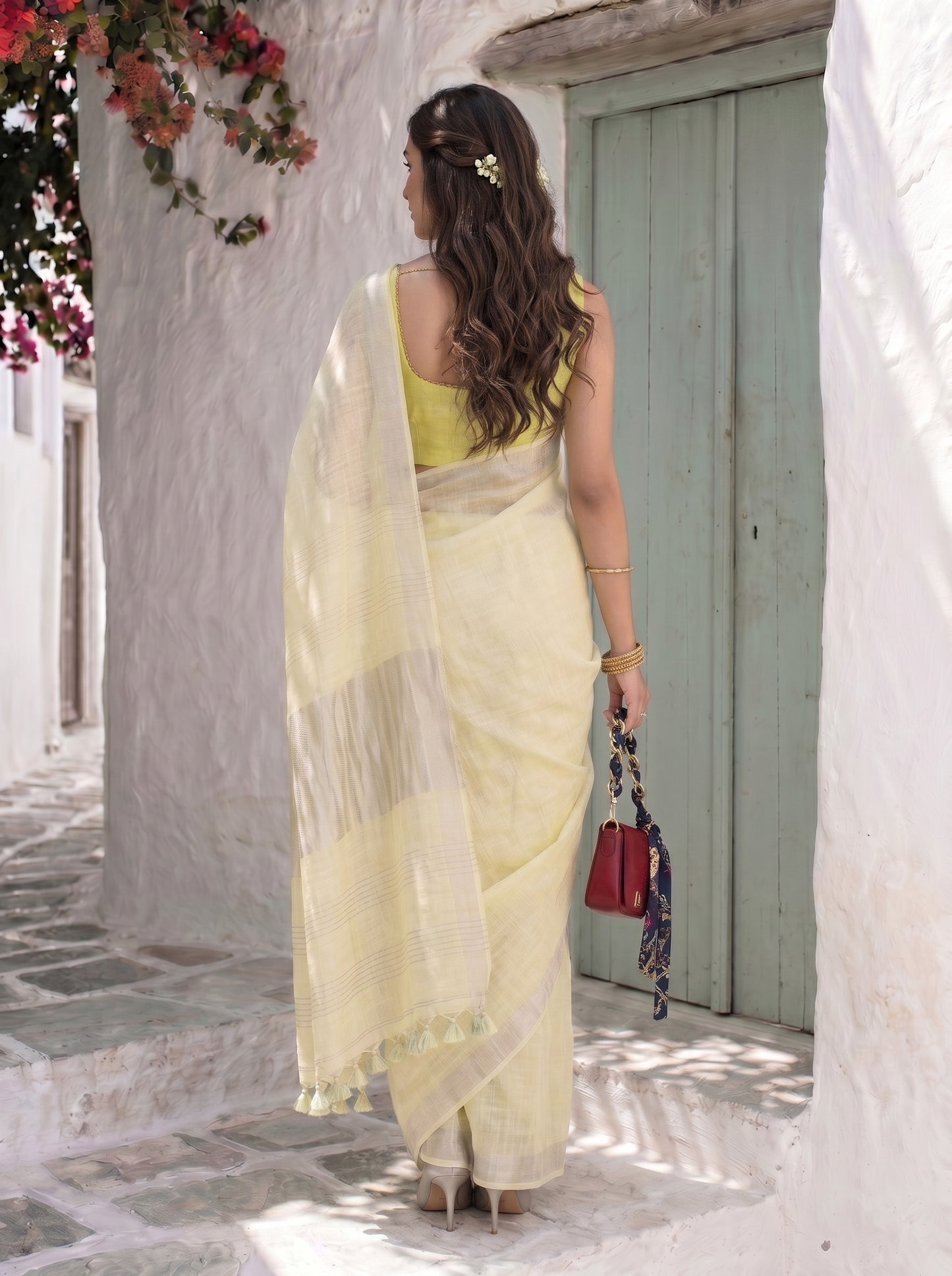 Buttercream - Yellow Pure Handloom Linen Saree with Zari border