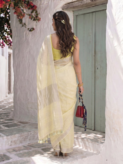 Buttercream - Yellow Pure Handloom Linen Saree with Zari border