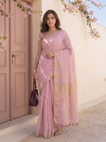 Composure - Pink Pure Handloom Linen Saree with Zari border