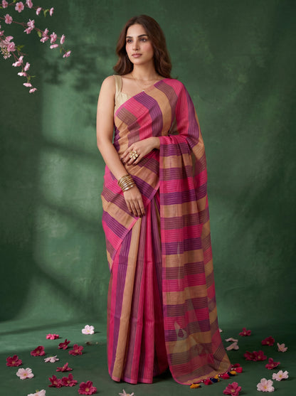 Samaya - Multicolour Striped Mul Cotton Zari Saree