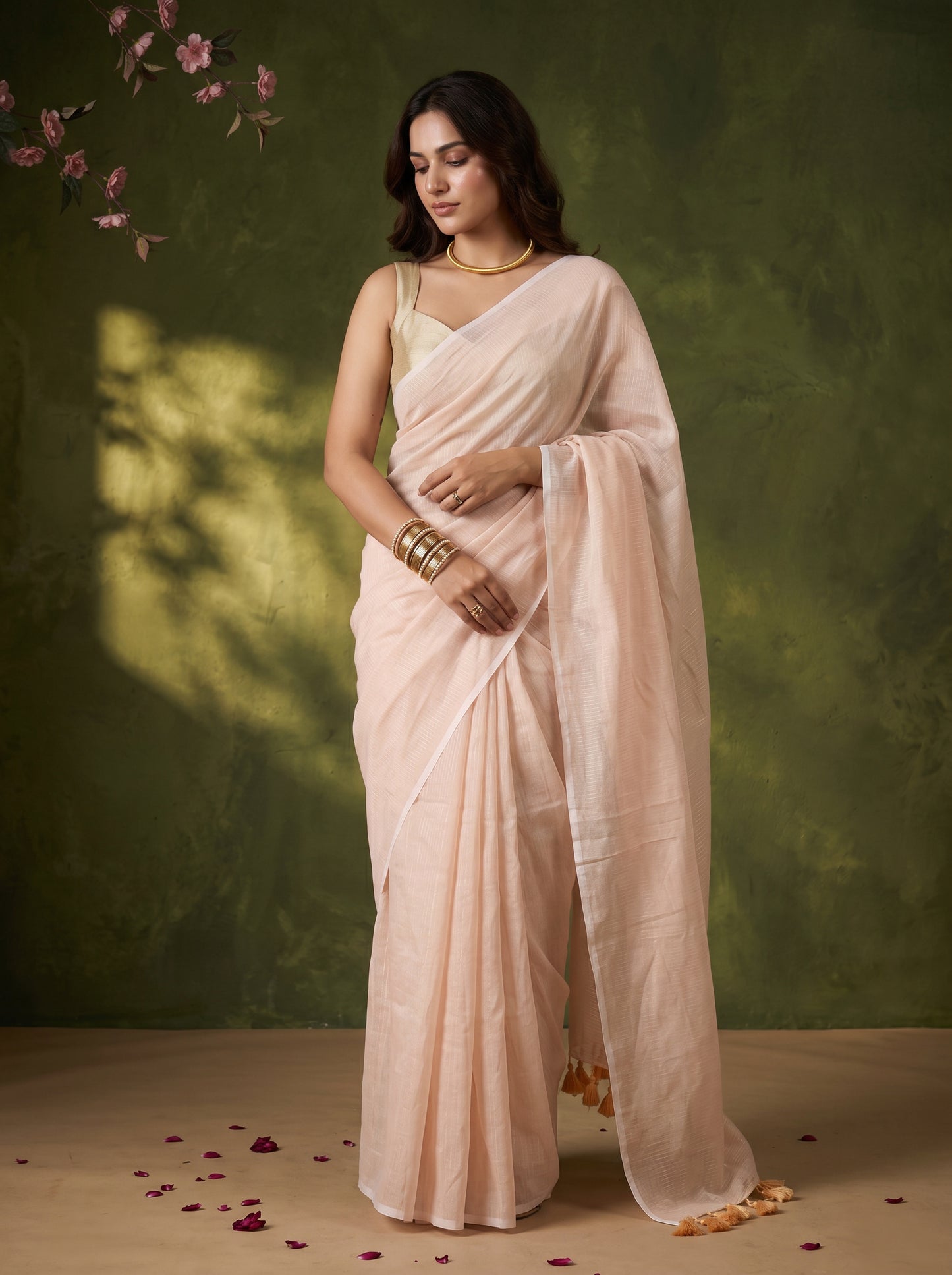 Beige - Striped Mul Cotton Zari Saree