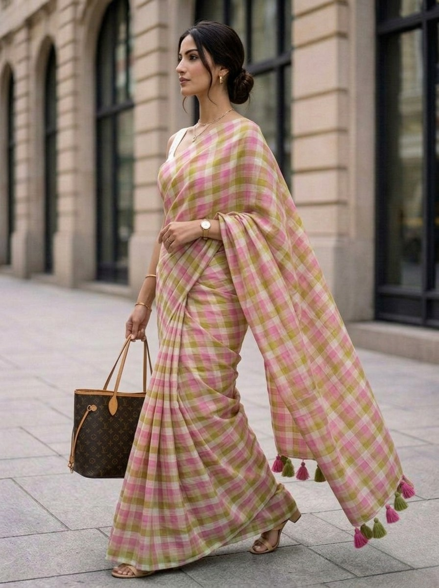 Morning Dew - Pink Lime Gingham Mulmul Cotton Saree