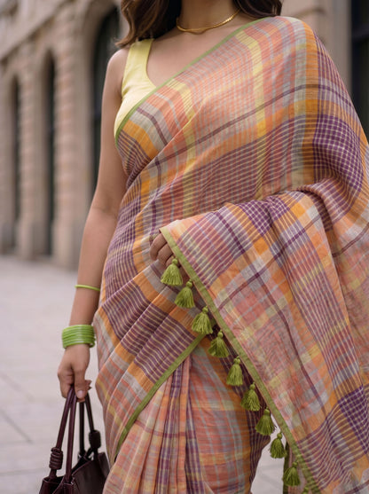 Boardroom - Multicolour Checked Pure Handloom Linen Saree