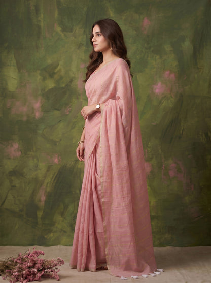 Tara - Pink Striped Mul Cotton Zari Saree