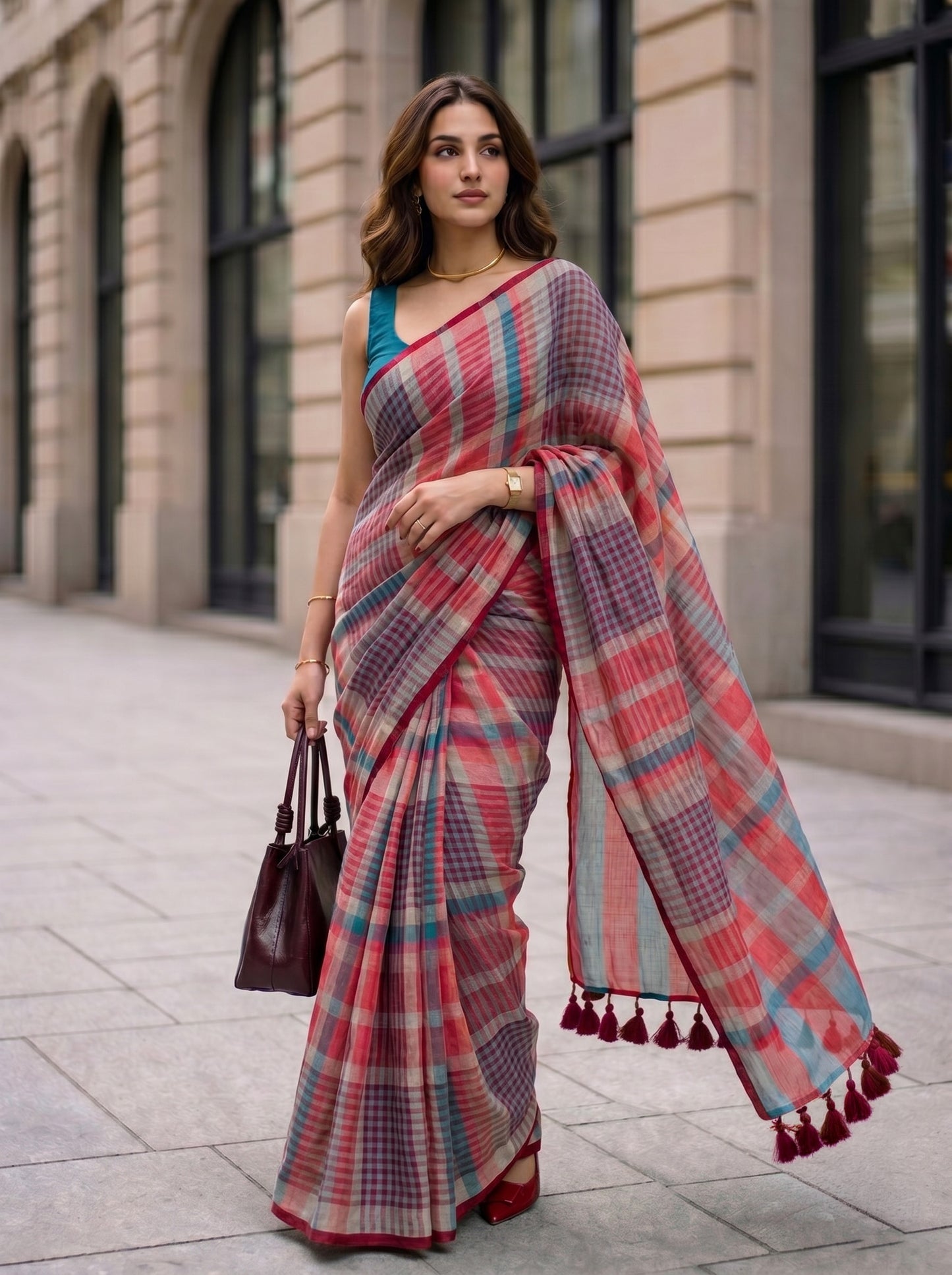 Corner Office - Multicolour Checked Pure Handloom Linen Saree