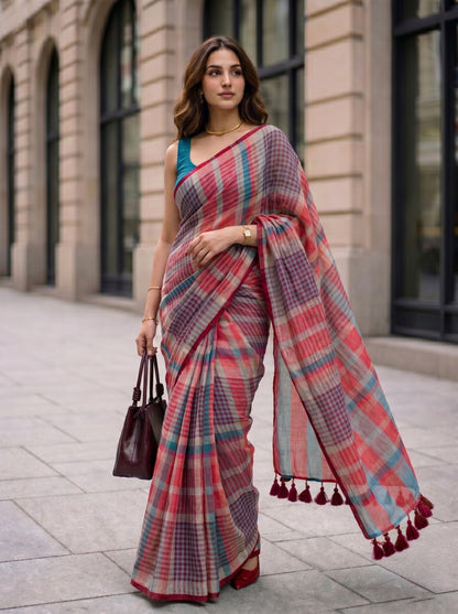 Corner Office - Multicolour Checked Pure Handloom Linen Saree