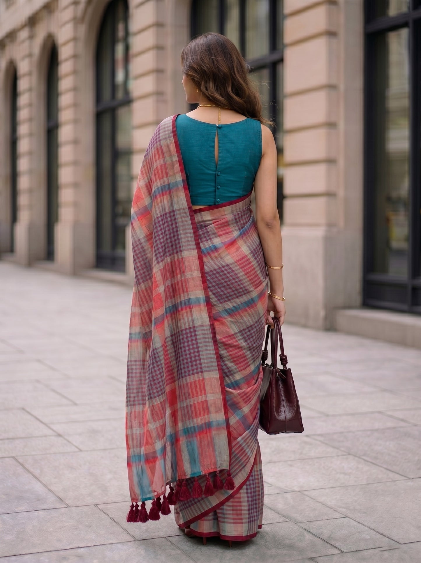 Corner Office - Multicolour Checked Pure Handloom Linen Saree