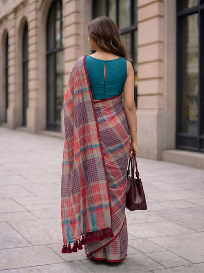 Corner Office - Multicolour Checked Pure Handloom Linen Saree