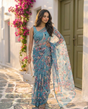 Sakura - Blue Floral Print Pure Chiffon Saree
