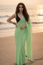 Mint Meadow - Plain Green Mul Cotton Saree