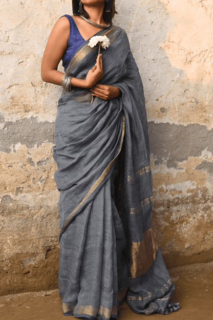 Steel Grey Handloom Linen Saree