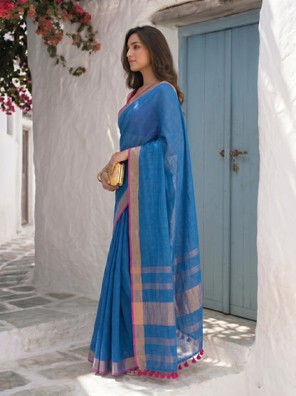 Power Play - Blue Pure Handloom Linen Saree with Zari Border