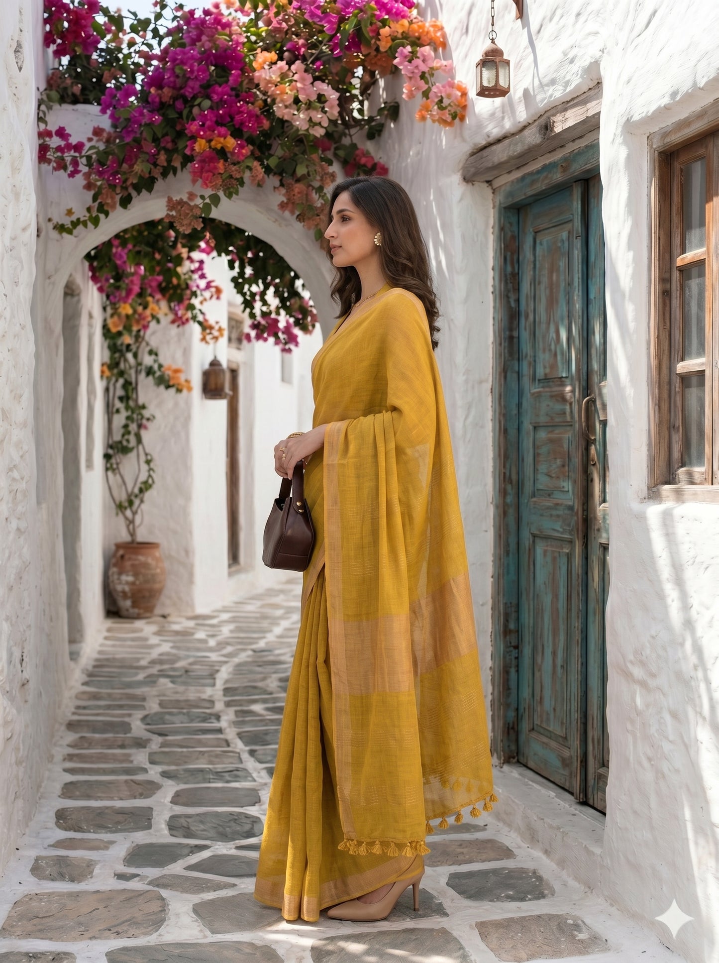 On Repeat - Yellow Handloom Linen Saree with Zari Border