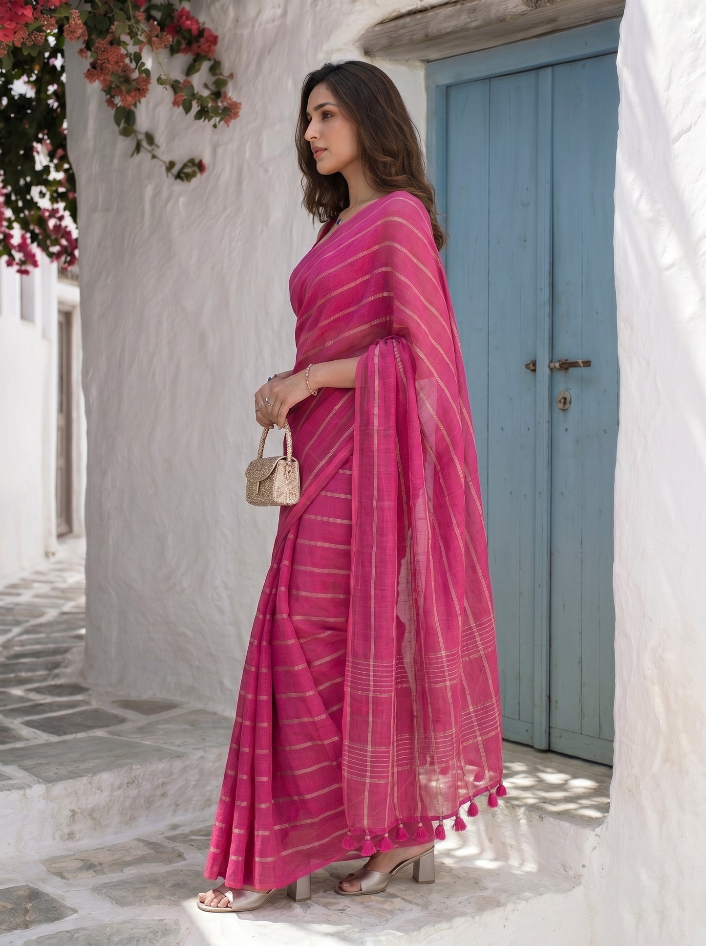 Statement - Pink Striped Pure Handloom Linen Saree with Zari Border