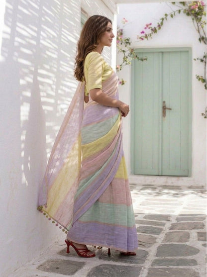 Daybreak - Multicolour Striped Pure Handloom Linen Saree