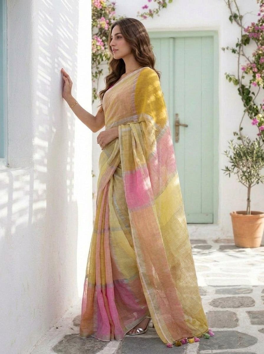 Checkmate - Multicolour Checked Pure Handloom Linen Saree