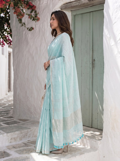 Clear Day - Turquoise Blue Pure Handloom Linen Saree with Zari border