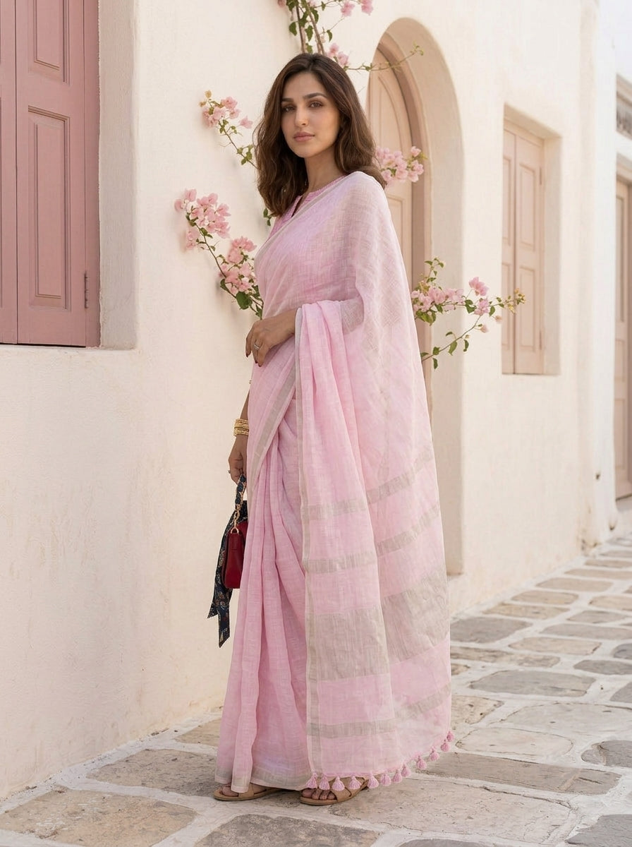First Light - Powder Pink Pure Handloom Linen Saree with Zari border