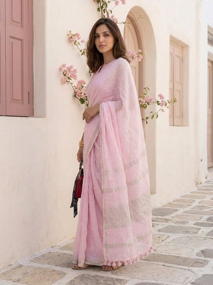 First Light - Powder Pink Pure Handloom Linen Saree with Zari border