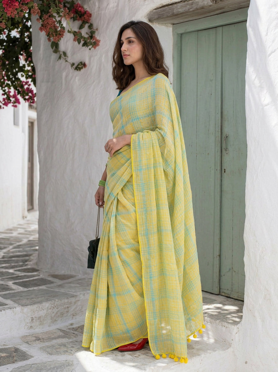 Out & About - Yellow Striped Pure Handloom Linen Saree