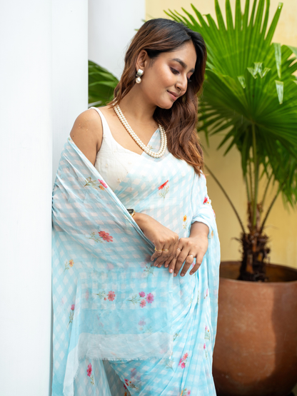 Slow Sunday - Powder Blue Gingham Print Pure Chiffon Partywear Saree