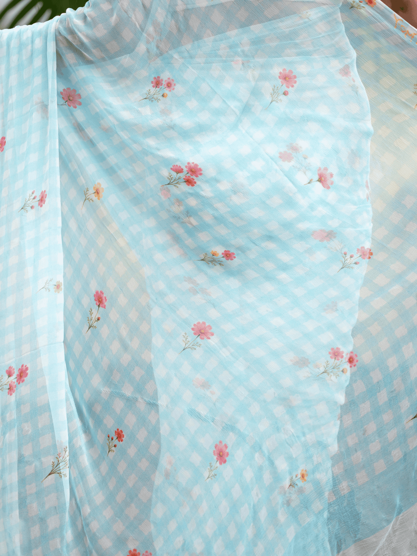 Slow Sunday - Powder Blue Gingham Print Pure Chiffon Partywear Saree